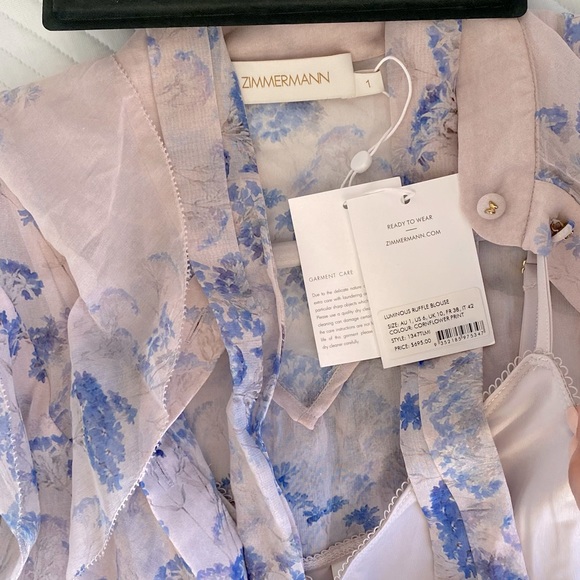 ⭕️ SOLD ⭕️ ZIMMERMANN LUMINOUS RUFFLE SILK BLOUSE - CORNFLOWER PRINT - Picture 5 of 6